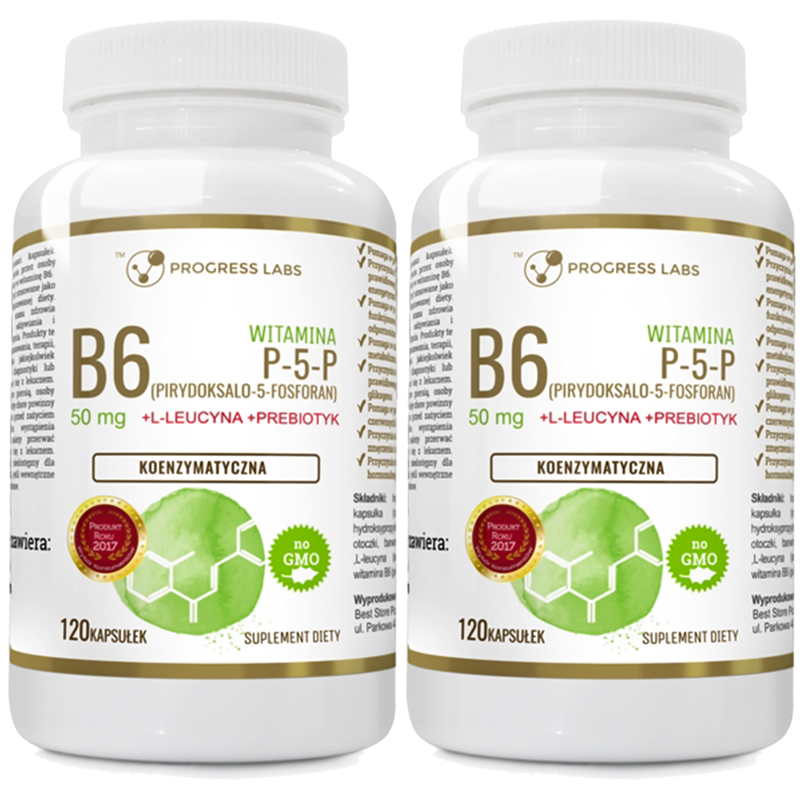 PROGRESS LABS Vitamin B6 (P-5-P) 50mg Koenzymatyczna + Inulina - 2x 120caps