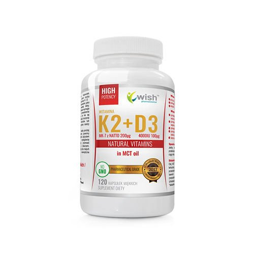 WISH Pharmaceutical Vitamin K2 Mk-7 200mcg + D3 100mcg in MCT oil - 3x 120caps
