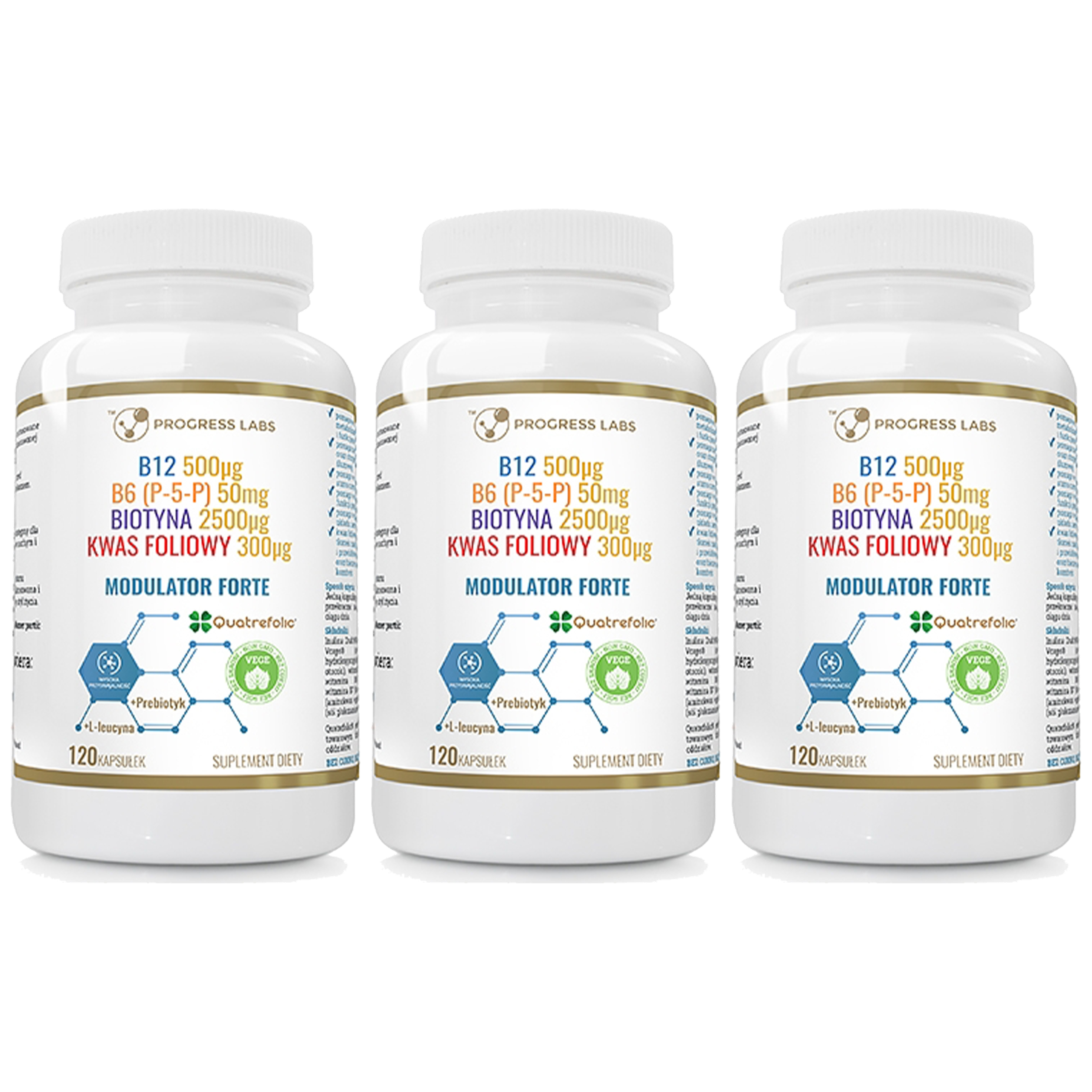 PROGRESS LABS Modulator Forte - 120caps. - 3x Modulator Homocysteiny Witamina B12 B6 Biotyna Kwas Foliowy