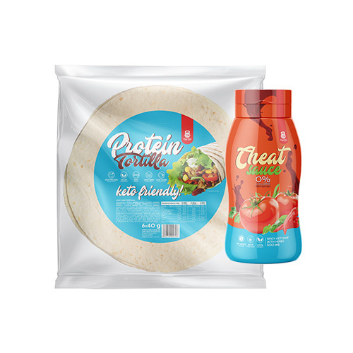 Zestaw Cheat Meal Nutrition Sauce 0% (Sos zero kalorii) - 500ml - Pikantny ketchup z ziołami + Protein Tortilla - 240g (6x 40g)