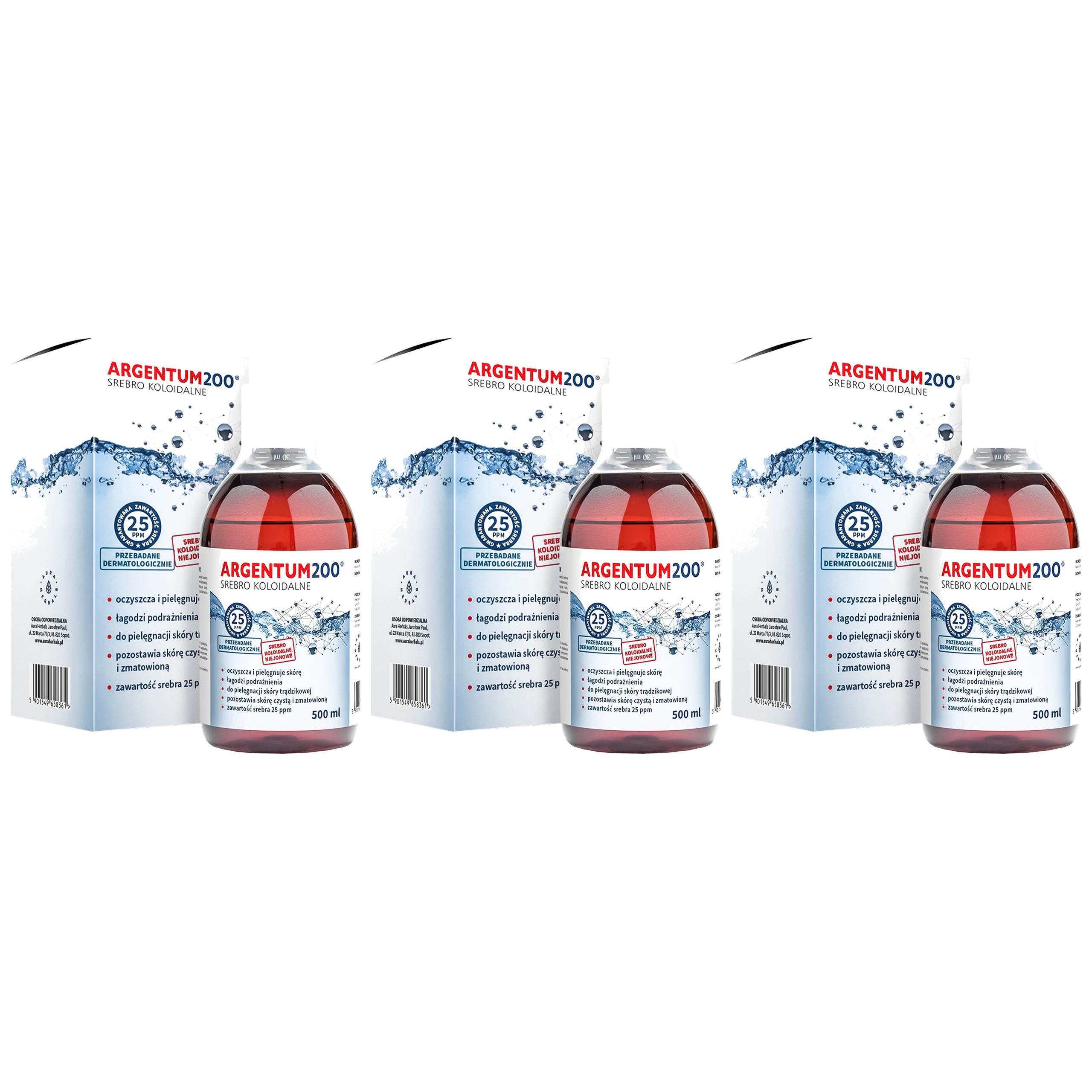 AURA HERBALS Argentum200 Srebro Koloidalne (25 ppm) - tonik (3x 500ml)