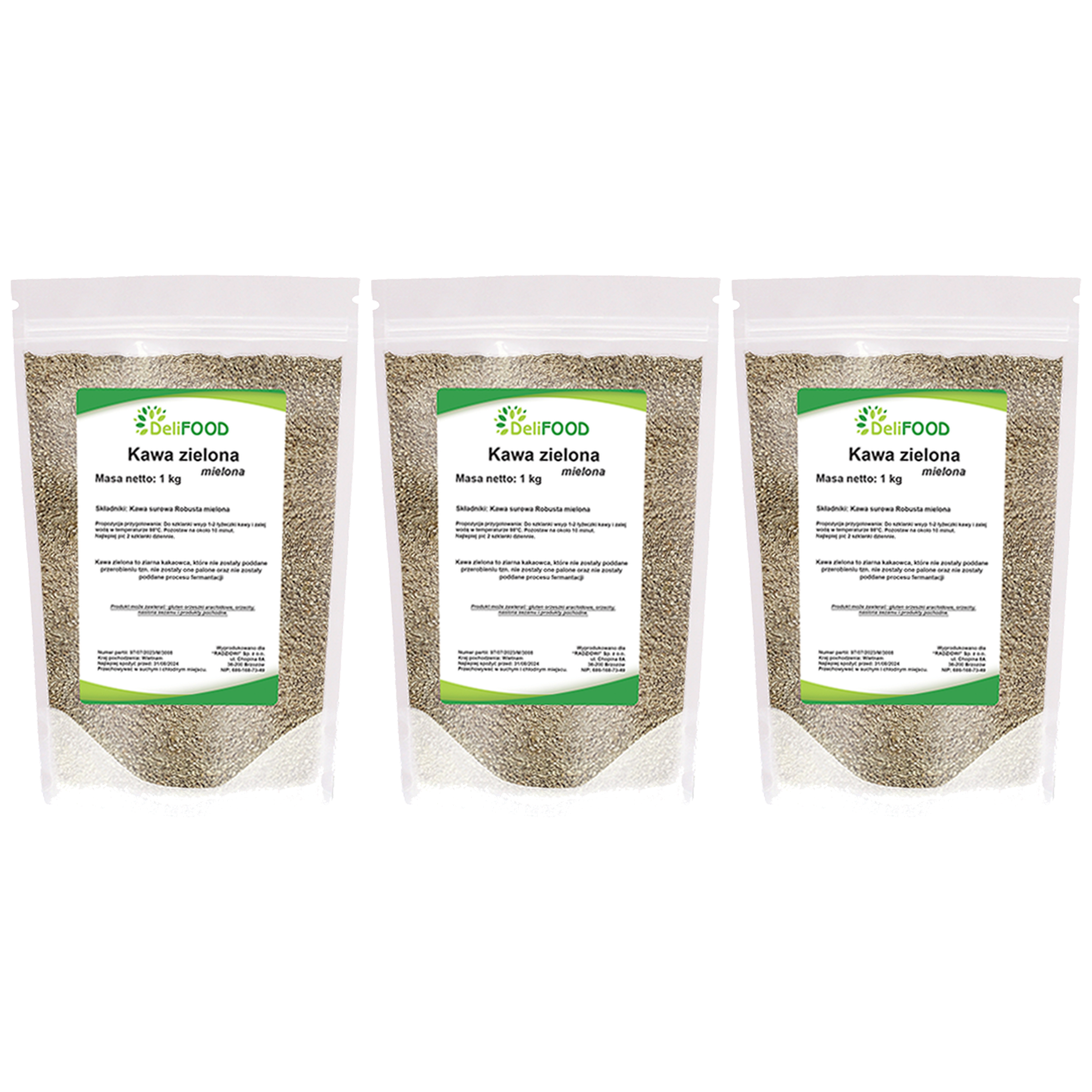 DELIFOOD Kawa Zielona Mielona - 3x 1000g