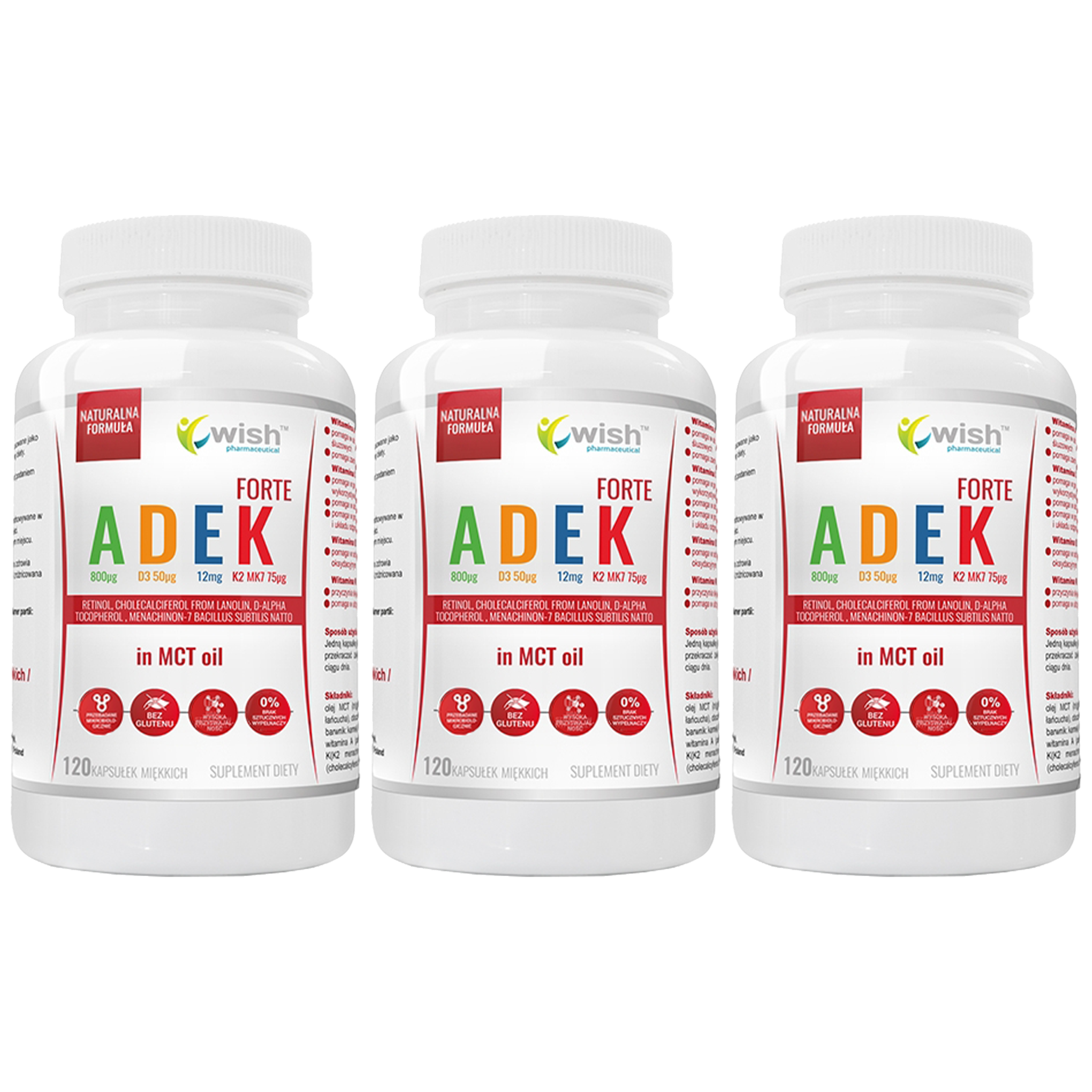 WISH Pharmaceutical ADEK Forte In MCT Oil - 120softgels. - 3x Witaminy w oleju MCT