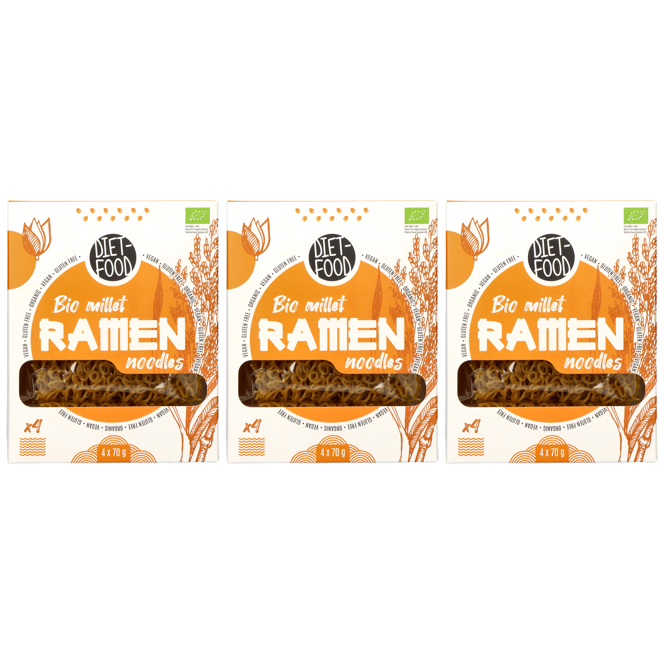DIET FOOD Bio Millet Makaron Ramen Noodles - 4x3x 70g