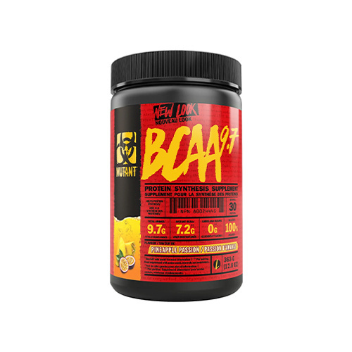 Verpackung des MUTANT BCAA 9.7 Nahrungsergänzungsmittels mit einem Gewicht von 363g, sichtbarer Zusammensetzung und Information über 9,7g Aminosäuren pro Portion