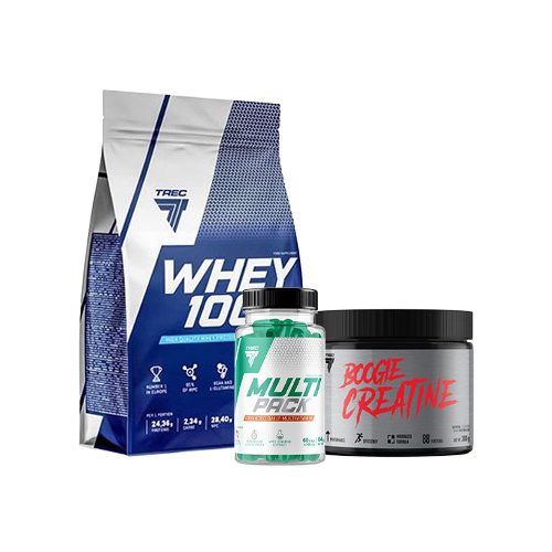 Białko TREC 100% Whey Cookies 900g + Kreatyna TREC Boogie Creatine Natural 300g + Witaminy TREC Multi Pack 60 kaps.