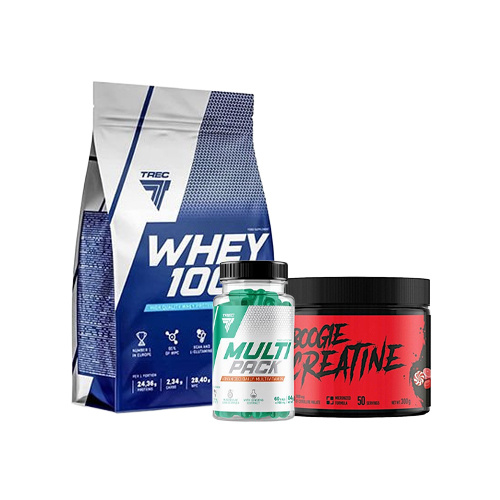 Białko TREC 100% Whey Chocolate 900g + Kreatyna TREC Creatine Candy 300g + Witaminy TREC Multi Pack 60 kaps.