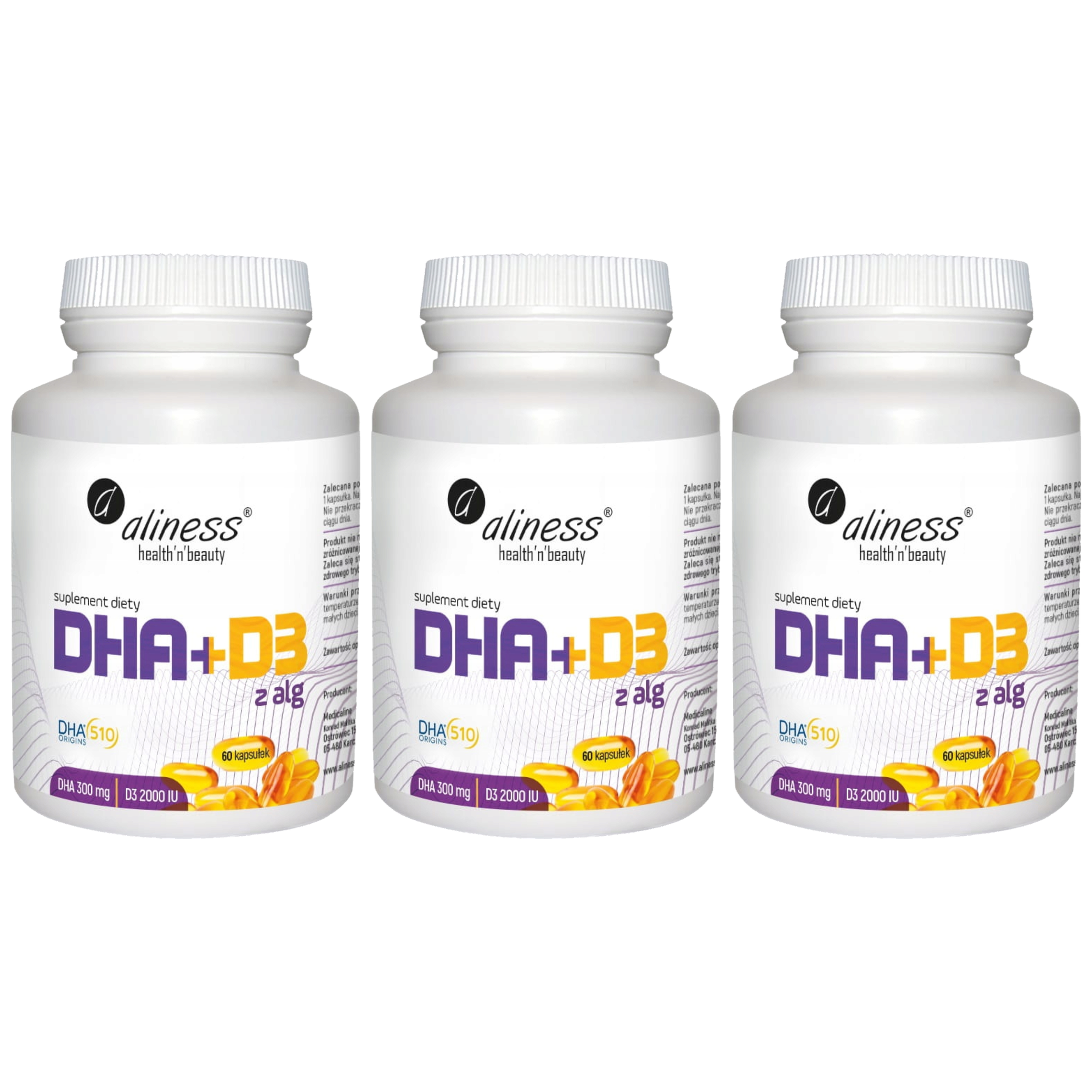 ALINESS - Omega DHA 300mg z Alg + D3 2000IU  - 3x 60caps.