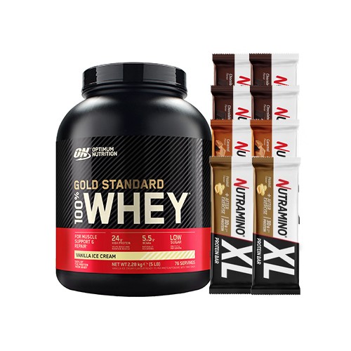 Zestaw OPTIMUM NUTRITION Whey Gold Standard - 2280g* + NUTRAMINO - Protein Bar XL - 8x 82g