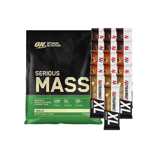 Zestaw OPTIMUM NUTRITION Serious Mass - 5450g + NUTRAMINO - Protein Bar XL - 16x 82g