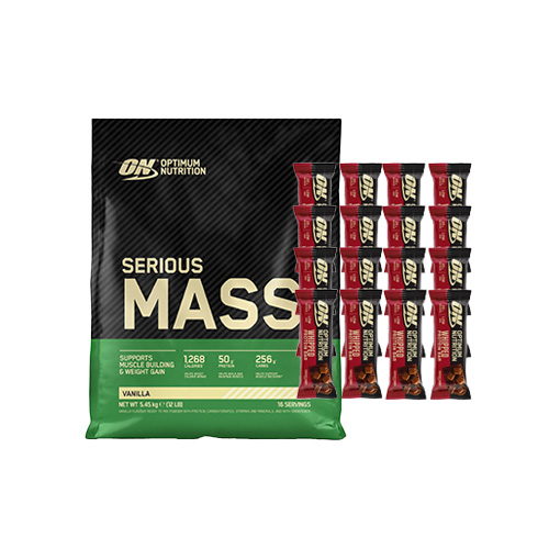 Zestaw OPTIMUM NUTRITION Serious Mass - 5450g + Protein Whipped Bar - 16x 60g - Choco Caramel