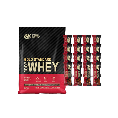 Zestaw OPTIMUM NUTRITION Whey Gold Standard - 4530g + Protein Whipped Bar - 16x 60g - Choco Caramel