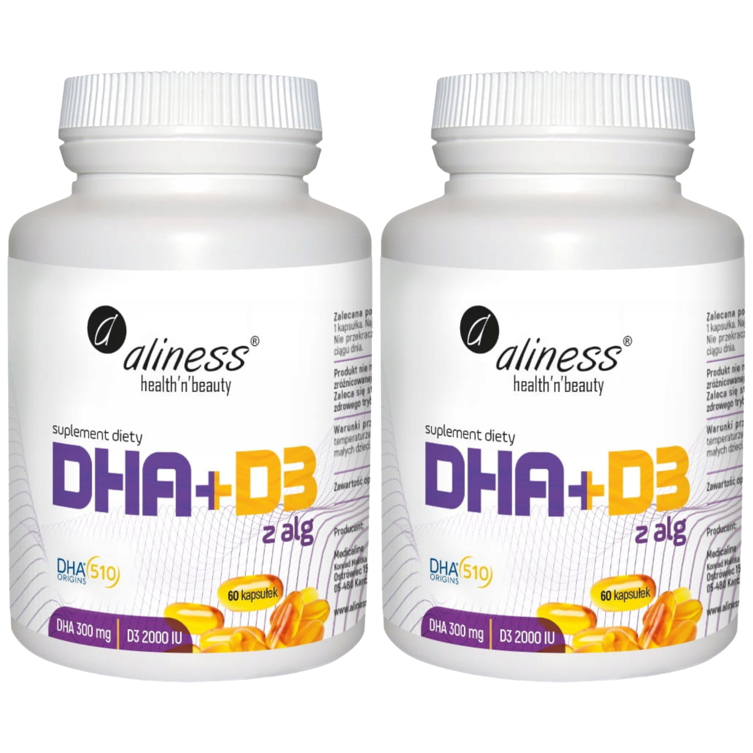 ALINESS - Omega DHA 300mg z Alg + D3 2000IU  - 2x 60caps.