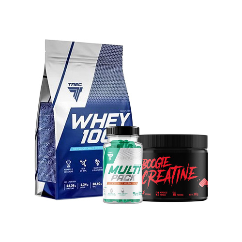 Białko TREC 100% Whey Chocolate 900g + Kreatyna TREC Creatine Bubble Gum 300g + Witaminy TREC Multi Pack 60 kaps.